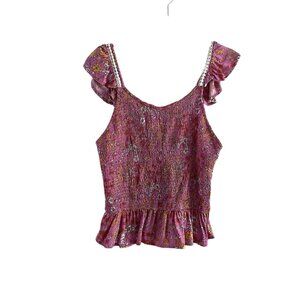 Japna Women SZ L Pink Floral Ruffled Shoulder Strap Smocked Bodice Tank Top